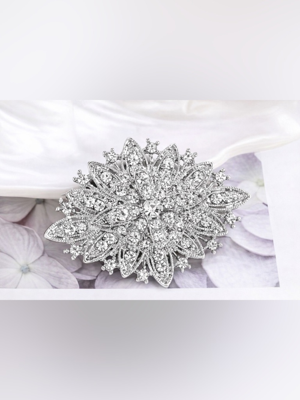 Art Deco Style Rhinestone Brooch Crystal Floral Statement Pin Silver tone